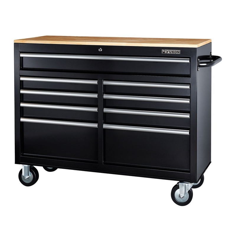 YUKON 46 in., 9-Drawer Mobile Storage Cabinet with Solid Wood Top, Black